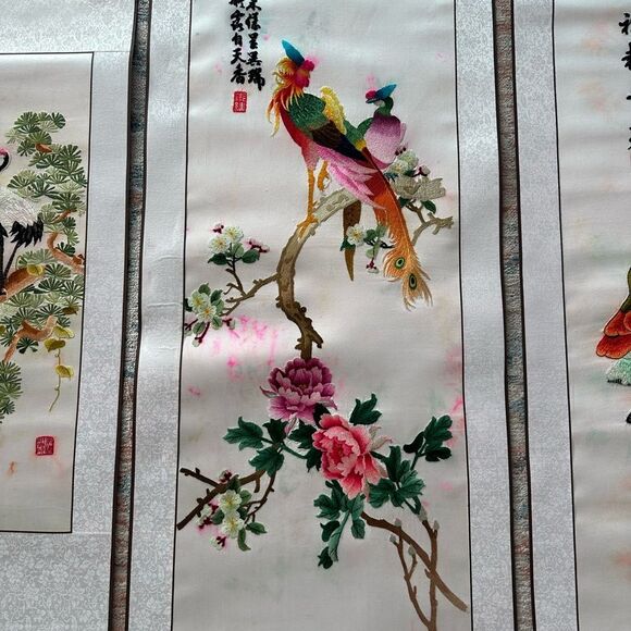 Vintage Chinese Silk Needlepoint Embroidered Tapestry Scroll 4 Panels Art Piece - Picture 10 of 16